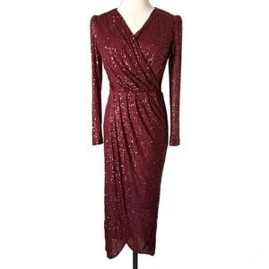 Ivy City Co Sequin Starstruck Long Sleeve Midi Dress Wine Formal Size XS